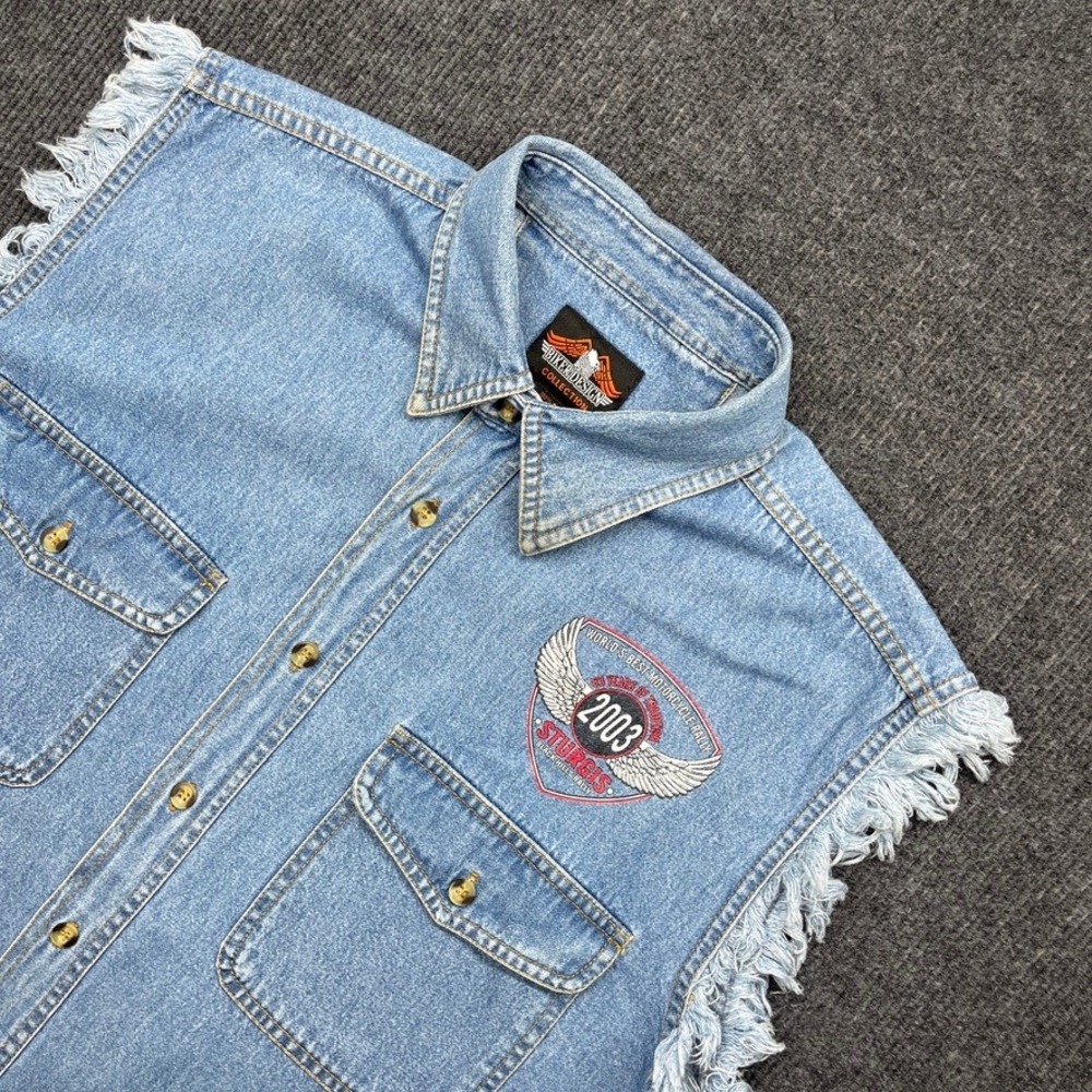 Biker‎ Design Sturgis 2003 Motorcycle Rally Denim Vest Blue Mens M Y2K Vintage